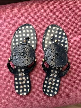 Jack Rogers Navy Gingham Jelly Sandals with Gold Accents